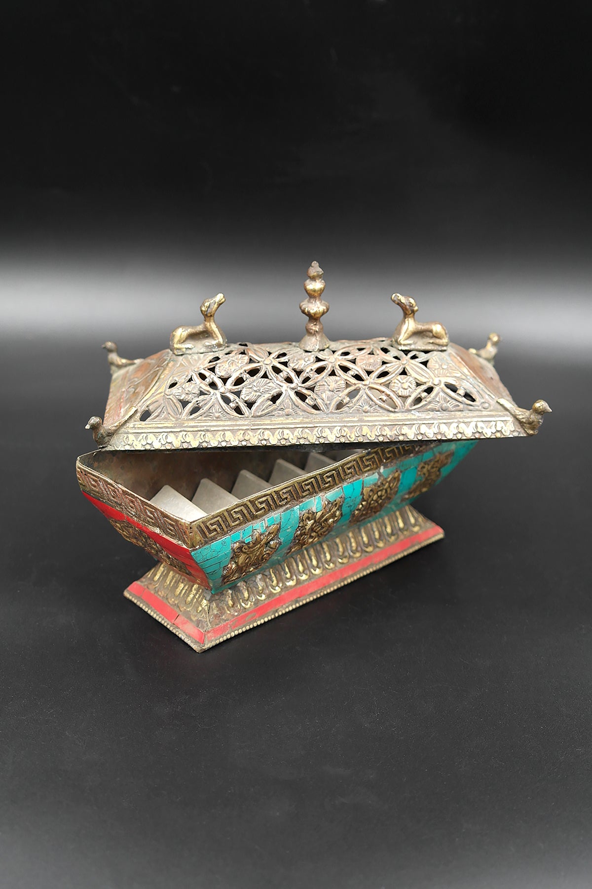 Turquoise Inlaid Tibetan Deer & Lucky 8-Signs Incense Burner - Vajracrafts