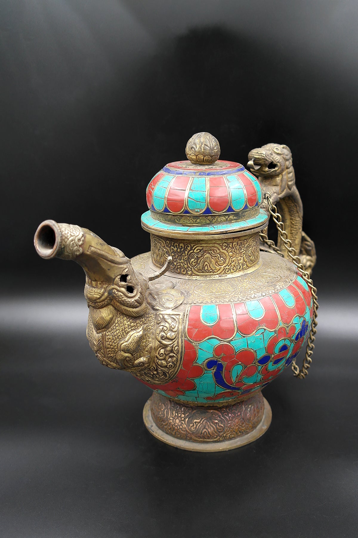 Ancient Tibetan Religious Teapot with Dragon handle Coral and Lapis Stone Art Deco