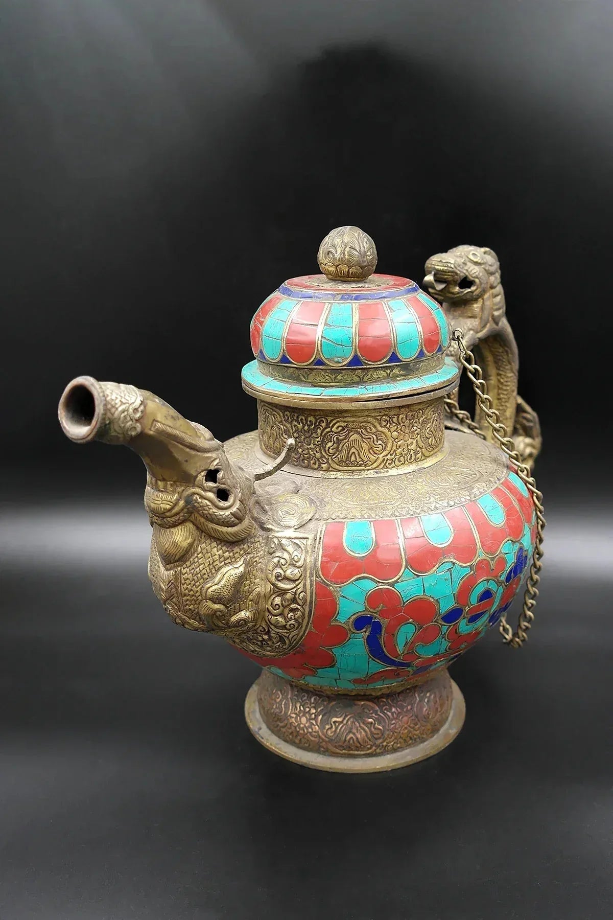 Ancient Tibetan Religious Teapot with Dragon handle Coral and Lapis Stone Art Deco - Vajracrafts