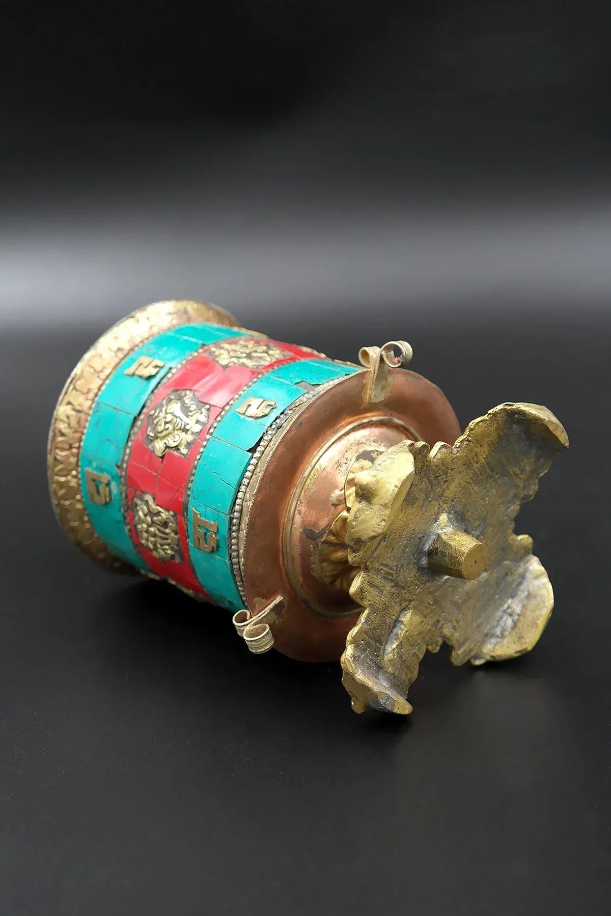 Coral and Turquoise inlaid eight Auspicious signs in Prayer Wheel, 6" - Vajracrafts