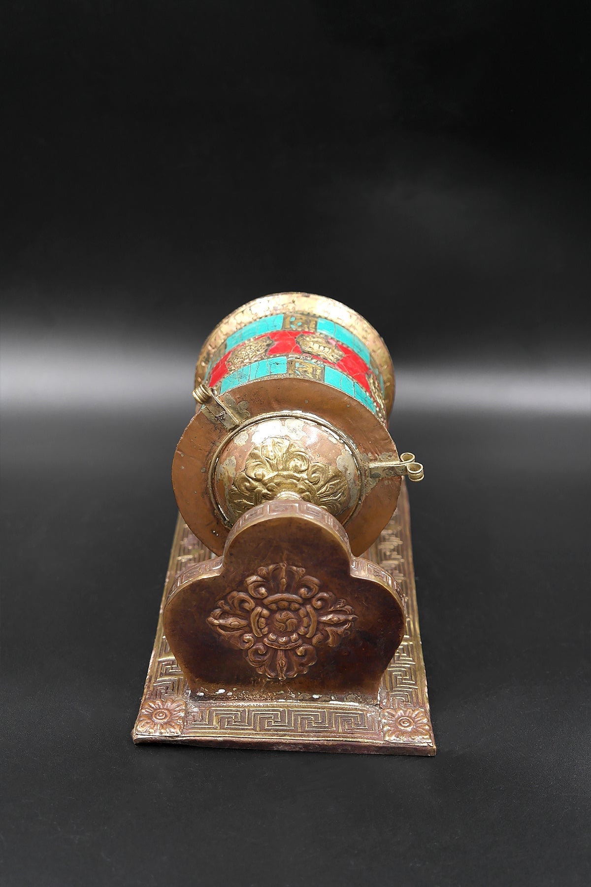 Eight Auspicious symbols and Gemstone inlaid Wall mounted Prayer wheel