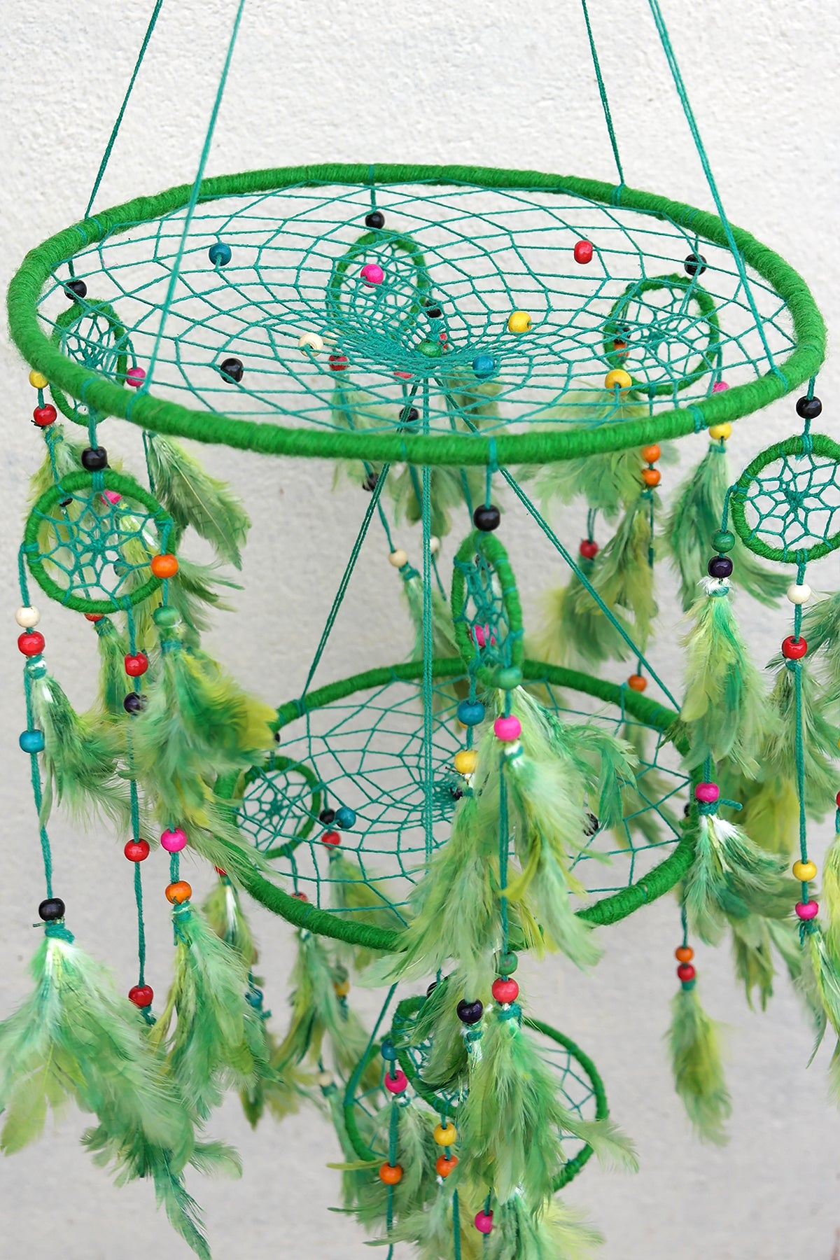 Green Large Handmade Dream Catcher in 3 Tier, home décor | Vajracrafts