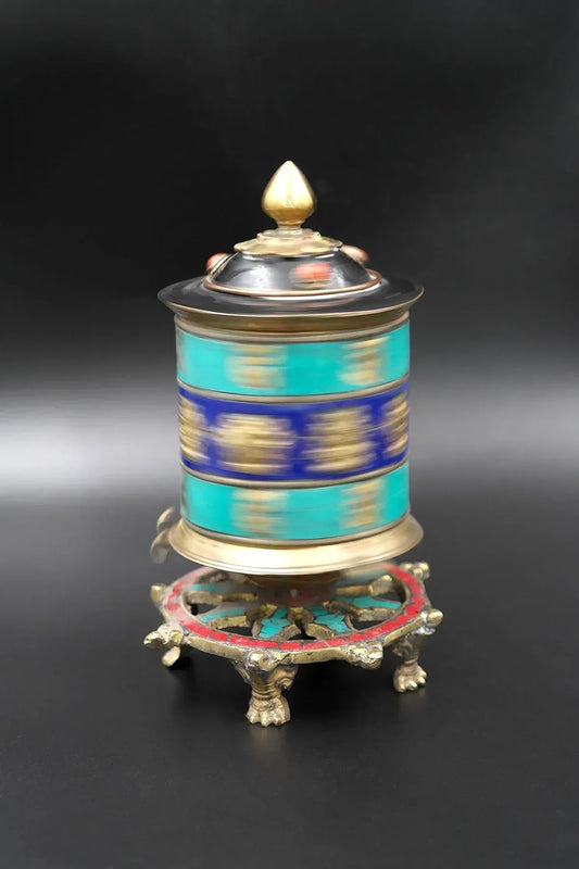 Om mane peme hum mantra embossed desktop Prayer Wheel, 6" - Vajracrafts