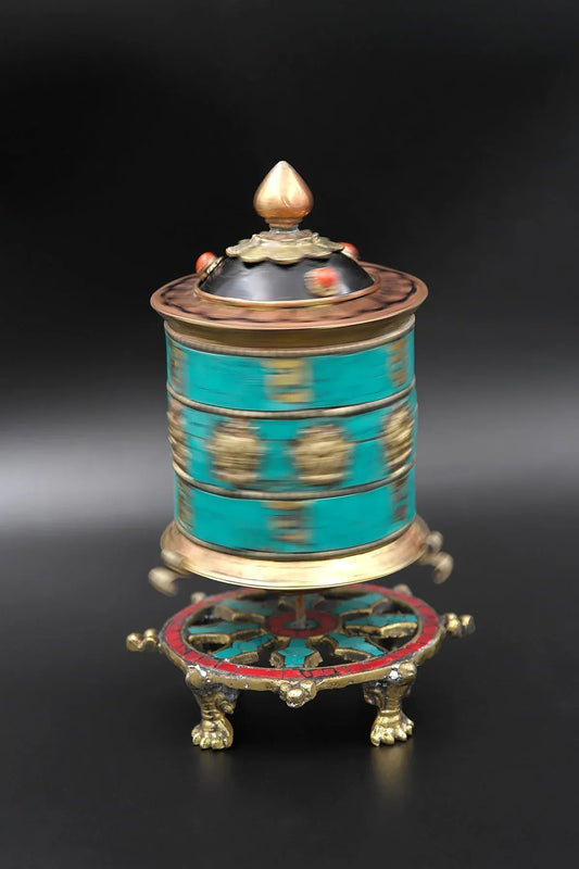 Eight Auspicious signs in Turquoise inlays desktop Prayer Wheel, 6" - Vajracrafts