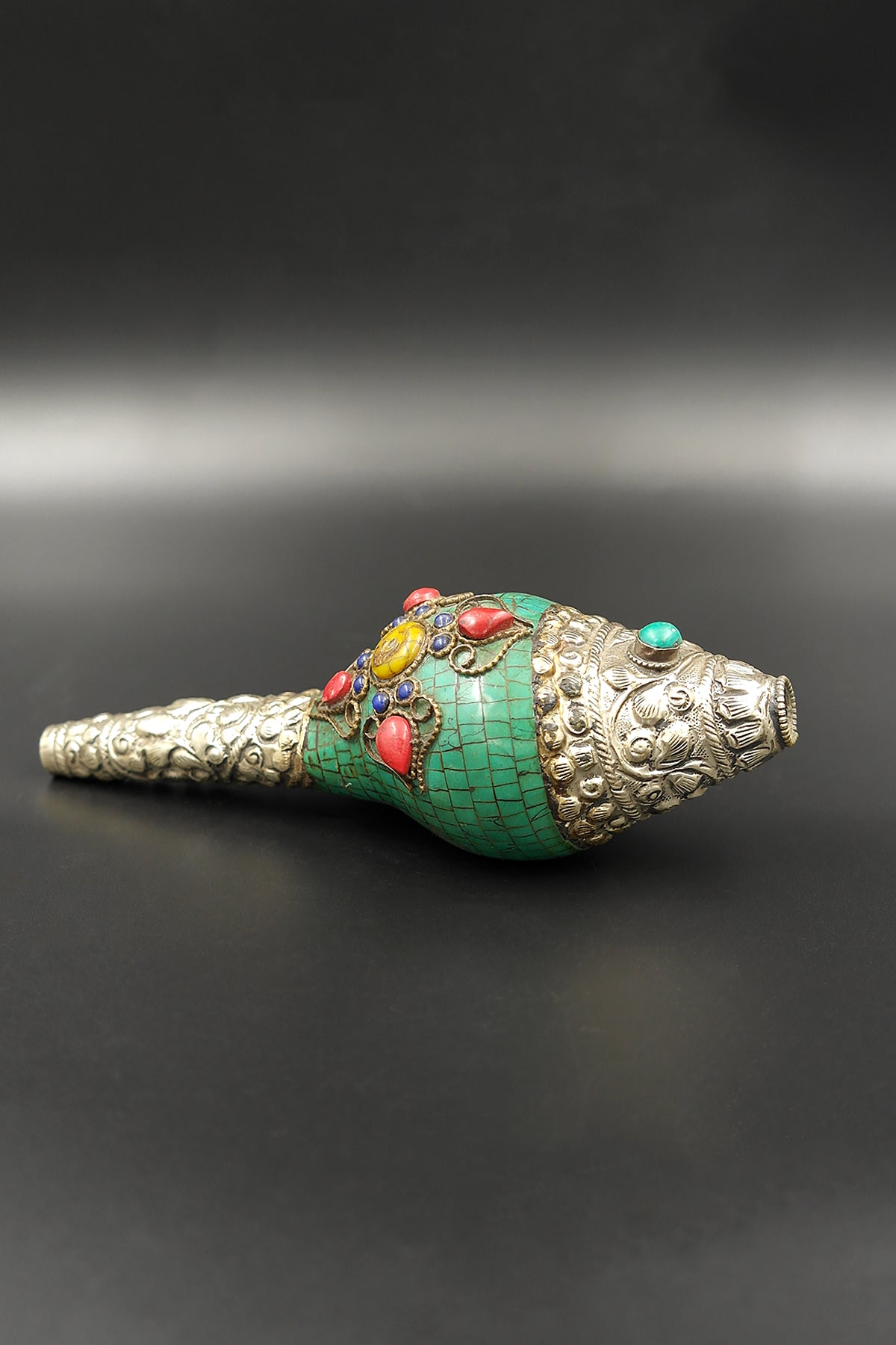 Tibetan Vajra with Turquoise coral Gemstone inlaid Conch with white metal