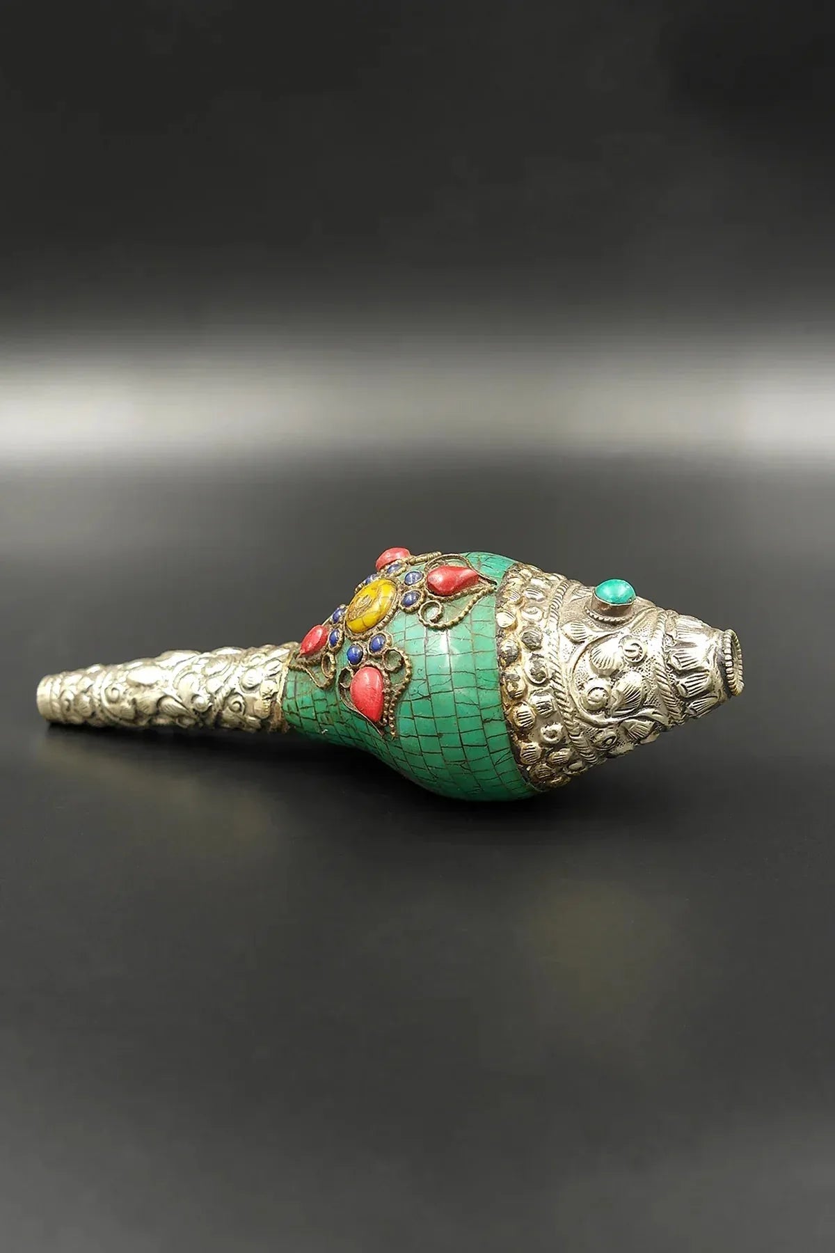Tibetan Vajra with Turquoise coral Gemstone inlaid Conch with white metal - Vajracrafts