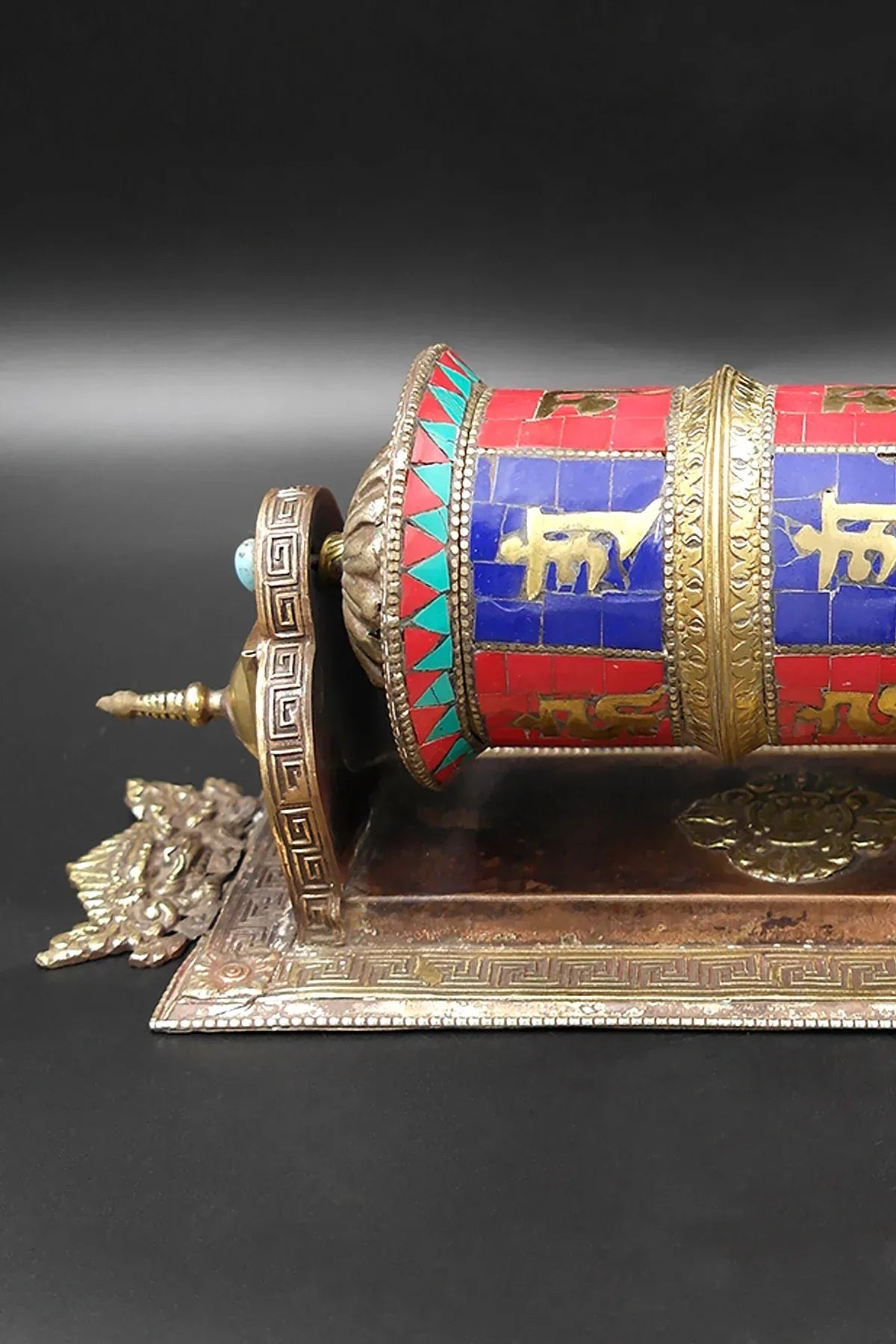 Om mane peme hum mantra inlaid with Gemstone wall mount Prayer Wheel - Vajracrafts
