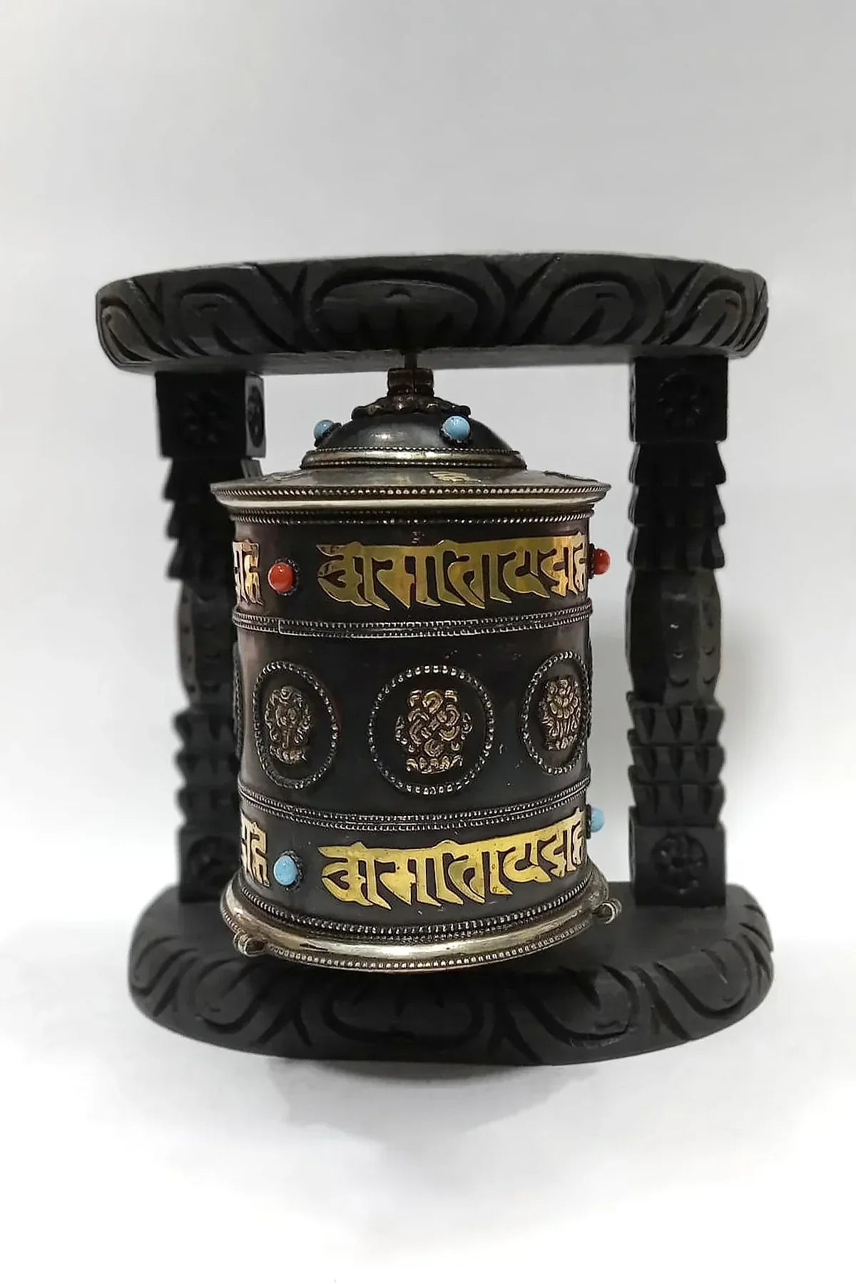 Tibetan Copper 8 Auspicious symbols Wall Hanging Prayer Wheel in wooden frame - Vajracrafts