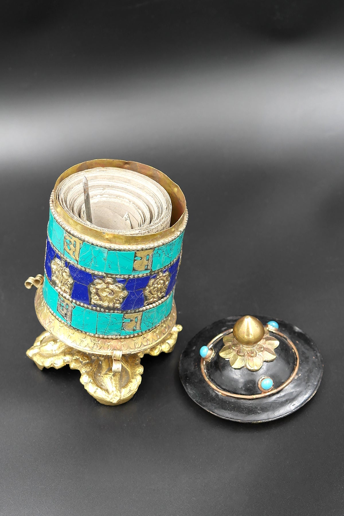 Ashtamangala Spinning Prayer Wheel with Stone Work, 6"