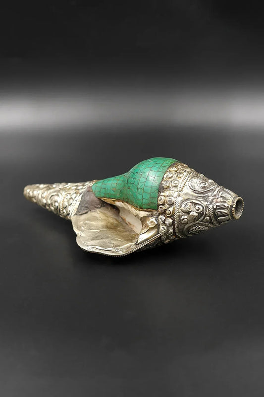 Tibetan Vajra with Turquoise coral Gemstone inlaid Conch with white metal - Vajracrafts