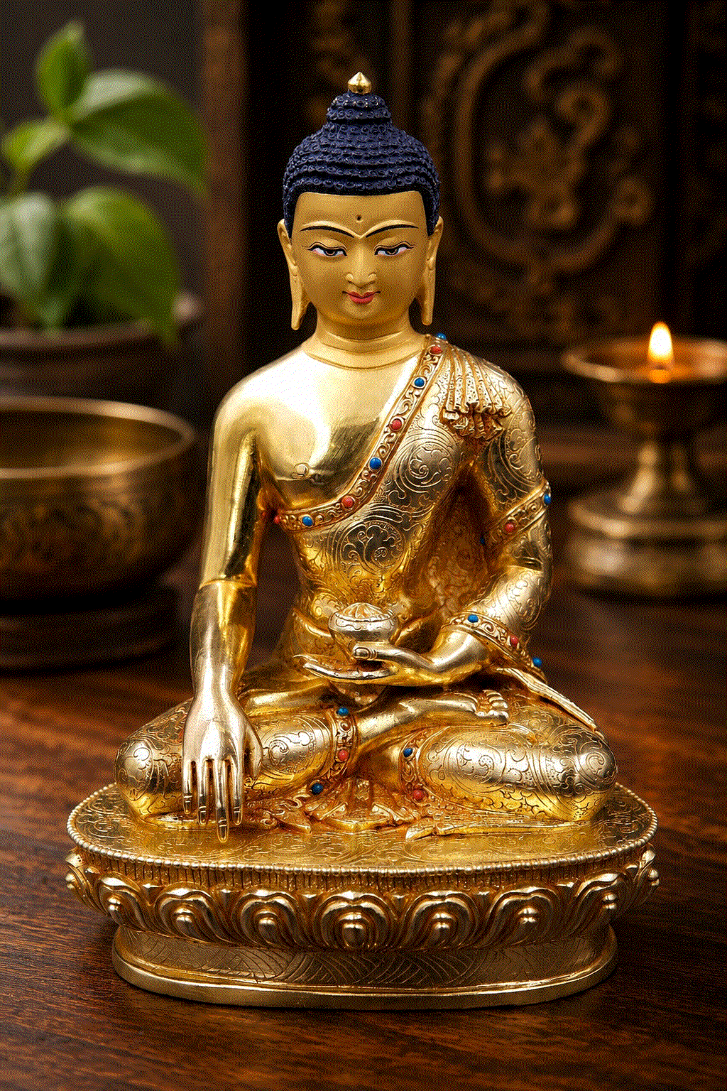 Turquoise and Coral inlaid Shakyamuni Buddha Statue, 8"