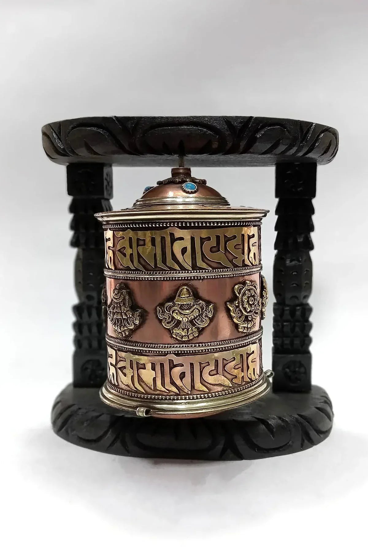 Eight Auspicious Symbol Copper Prayer Wheel in wooden frame - Vajracrafts