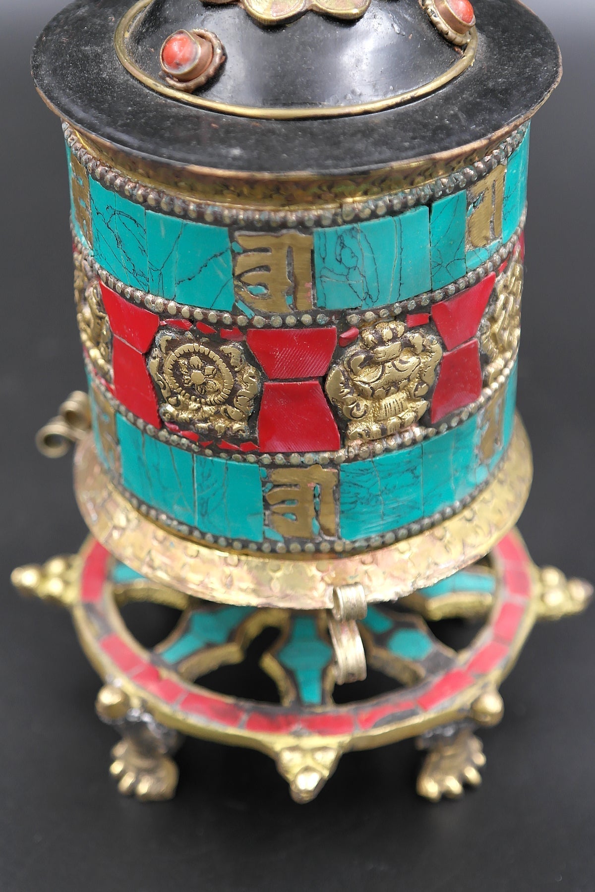 Two Lines Mantra inlaid table top Prayer Wheels with Dharma chakra base