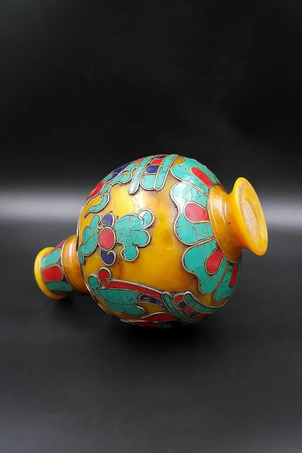 Old Tibet Buddhism turquoise inlay flame designs Amber Vase, offering of flowers - Vajracrafts
