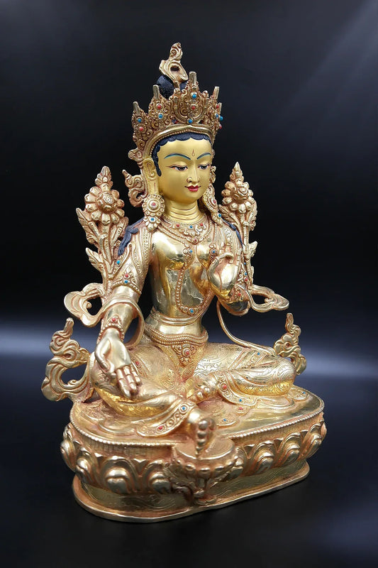 Elegant Hand carved Tibetan Green Tara Statue, 13" - Vajracrafts