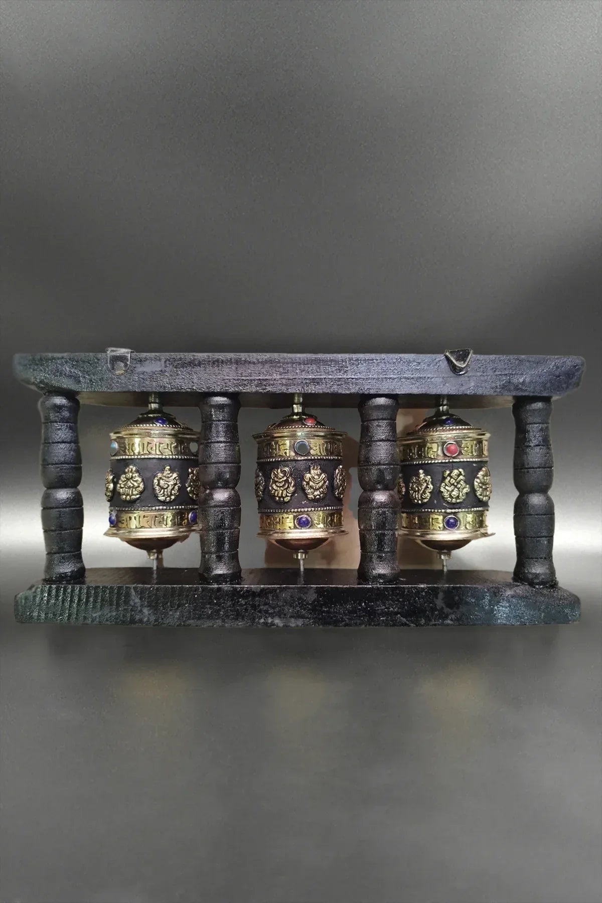 Tibetan Buddhist Prayer Wheels in Wooden Frame - Vajracrafts