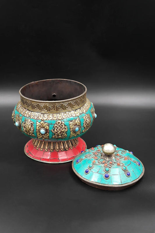 Old Tibetan Turquoise Inlay 8 Auspicious Symbols Treasure Box - Vajracrafts