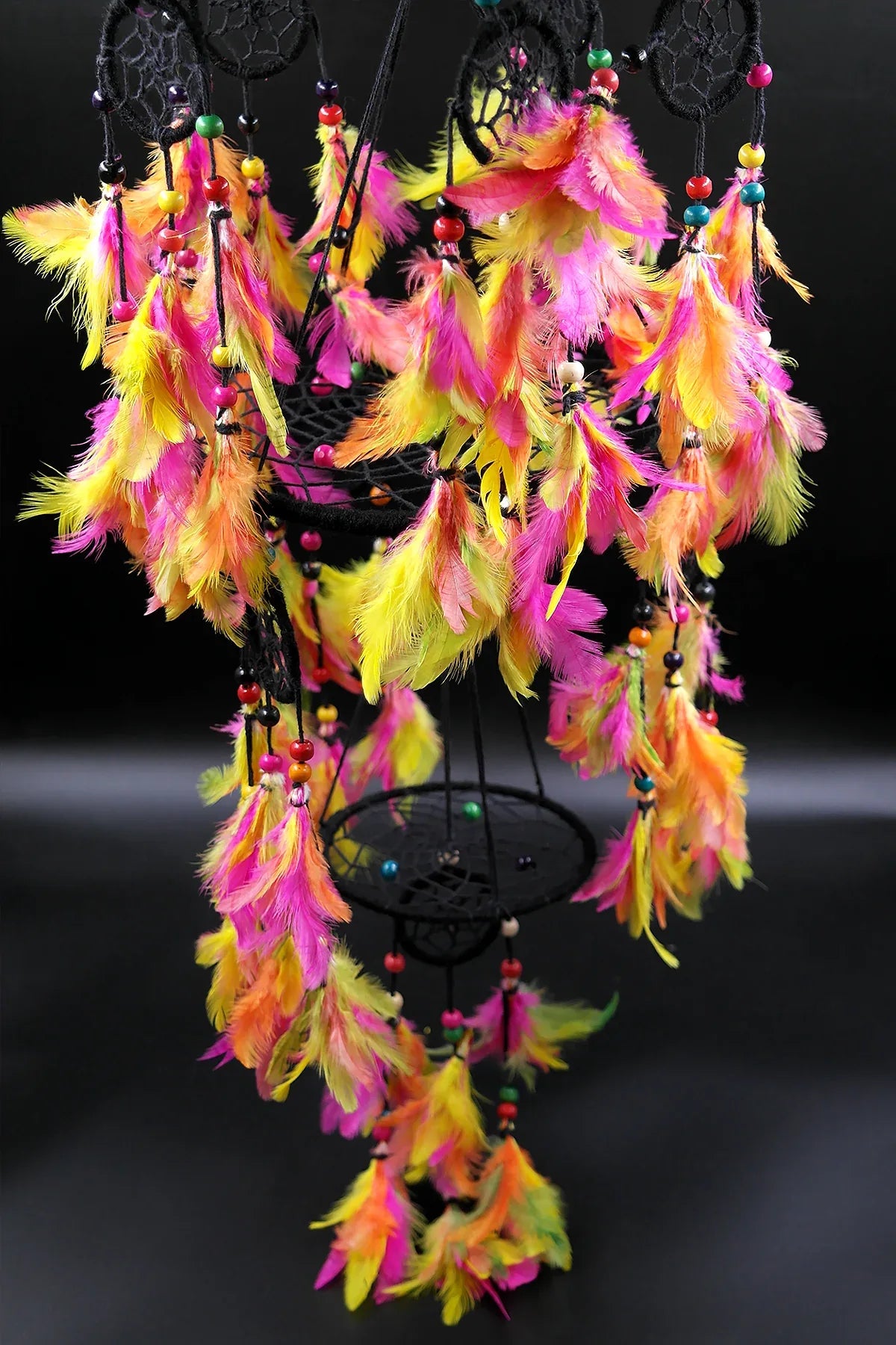 3 tier Dream Catcher Wall Hanging in Black, Feather Hanging Dreamcatcher - Vajracrafts