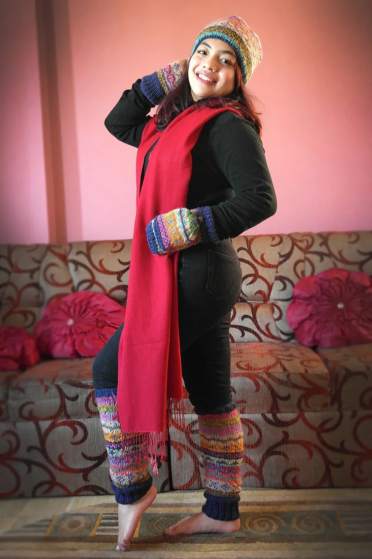 Blue, Pink and yellow and mixed colors woolen leg warmer - Vajracrafts