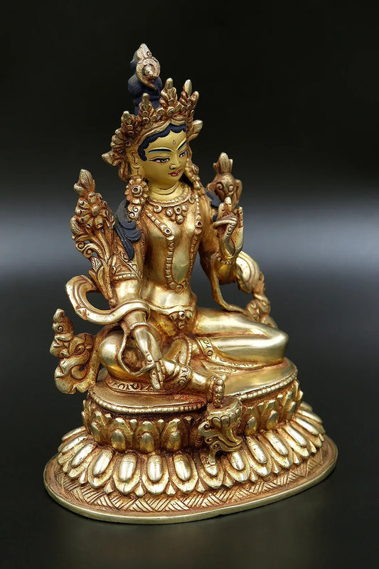 Gold Plated Green Tara Statue in double Lotus 6" - Vajracrafts