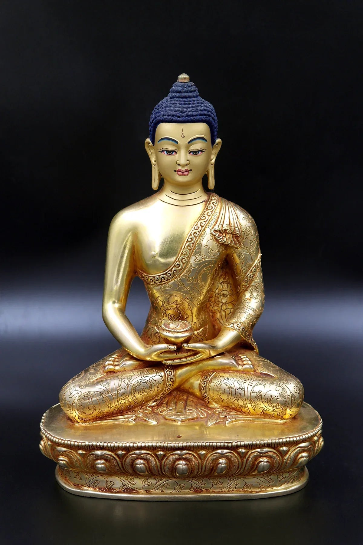 Floral Design carved Gold Plated Amitabh Buddha Statue from Nepal 9" - Vajracrafts