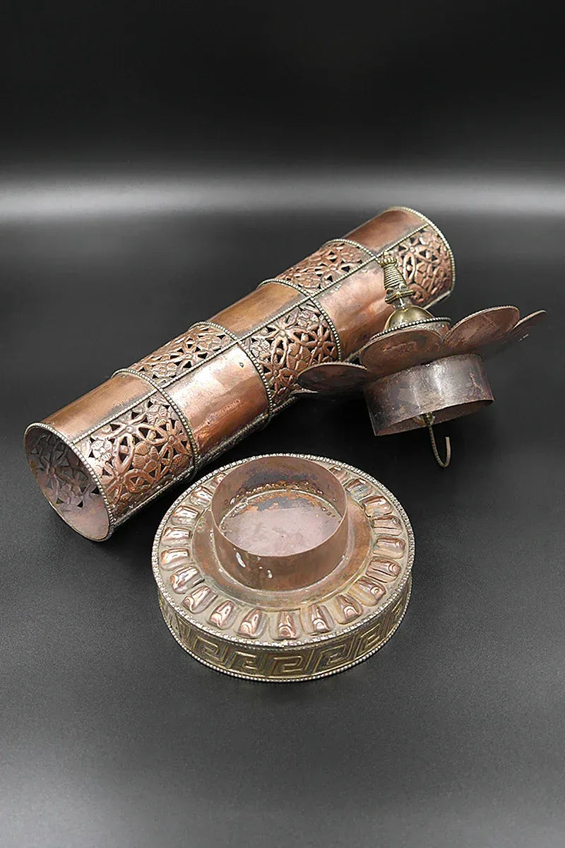 Cylindrical Shape Copper incense burner with stupa on top 13.5" - Vajracrafts