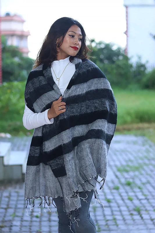 Grey and black Winter Yak Wool shawl with Fringe - Vajracrafts