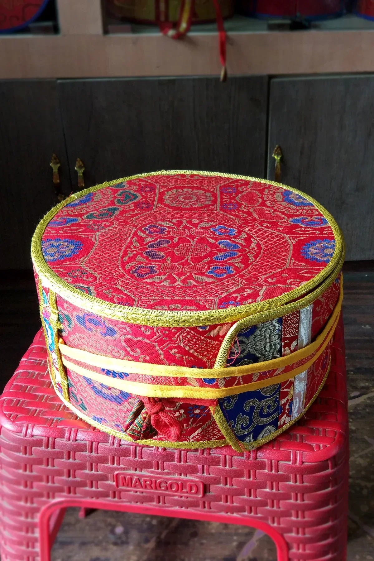 Tibetan Buddhist Handpainted Chod Drum/Damaru with red color cover - Vajracrafts