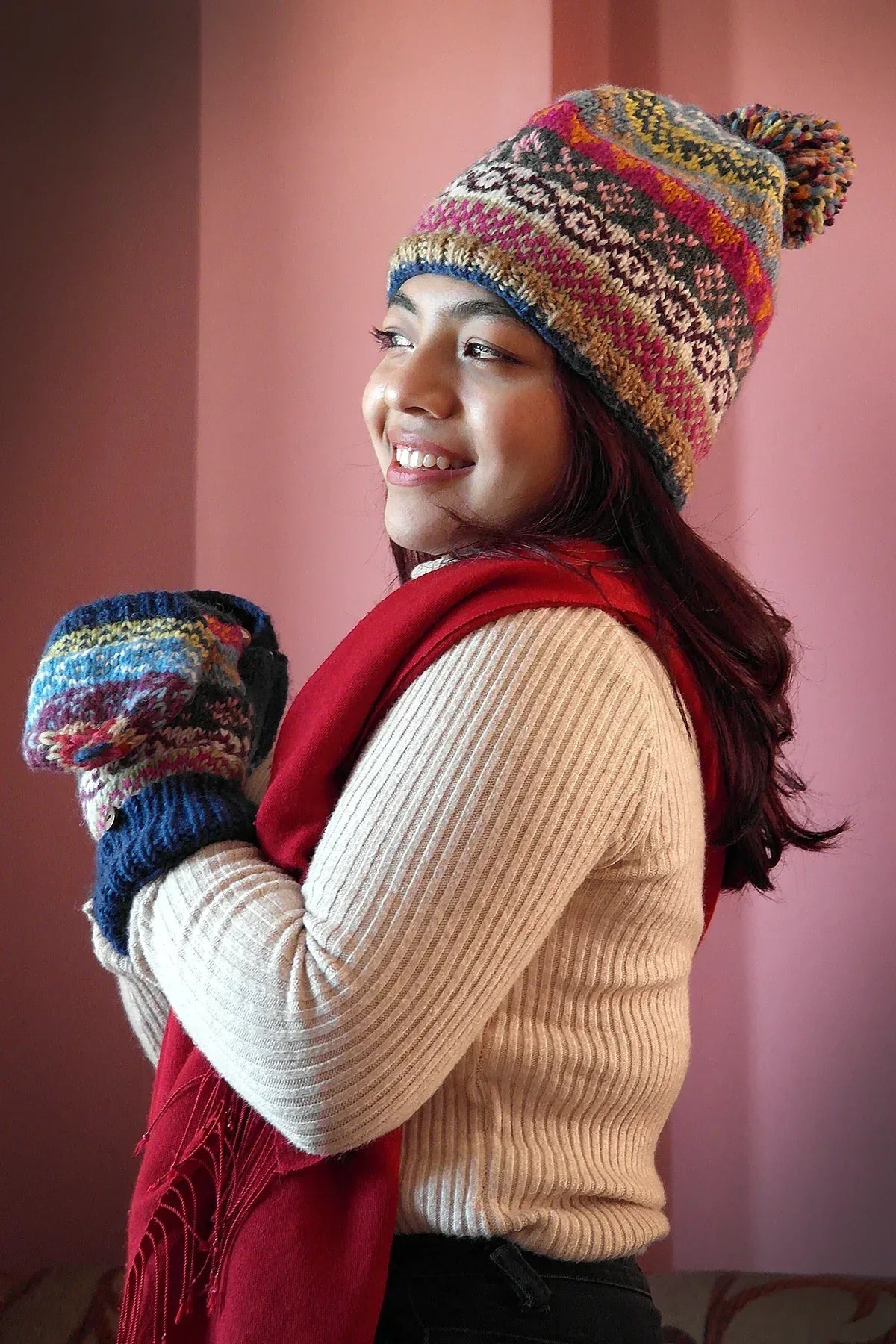 Blue Pink Womens Knit Winter Warm Pom Pom Beanie Hat - Vajracrafts