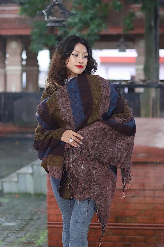 Handmade Nepalese Burgundy Mixed Yak Wool Blanket/Travel Throw - Vajracrafts