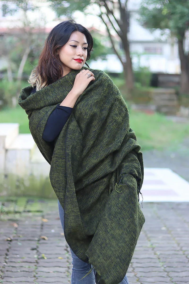 Handmade Himalayan Yak Wool Shawl Deep Forest Green - Vajracrafts