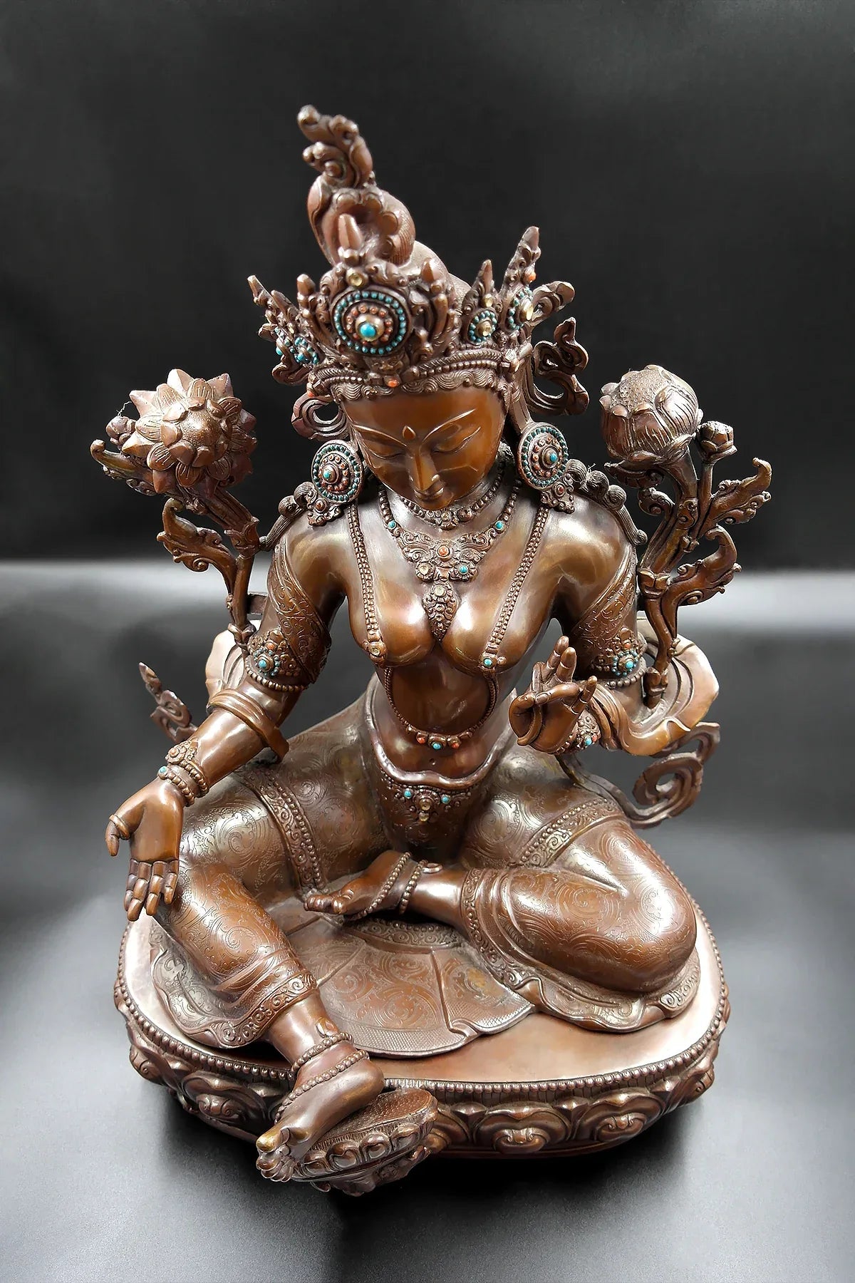 Copper Oxidized Green Tara Statue from Patan 20" - Vajracrafts