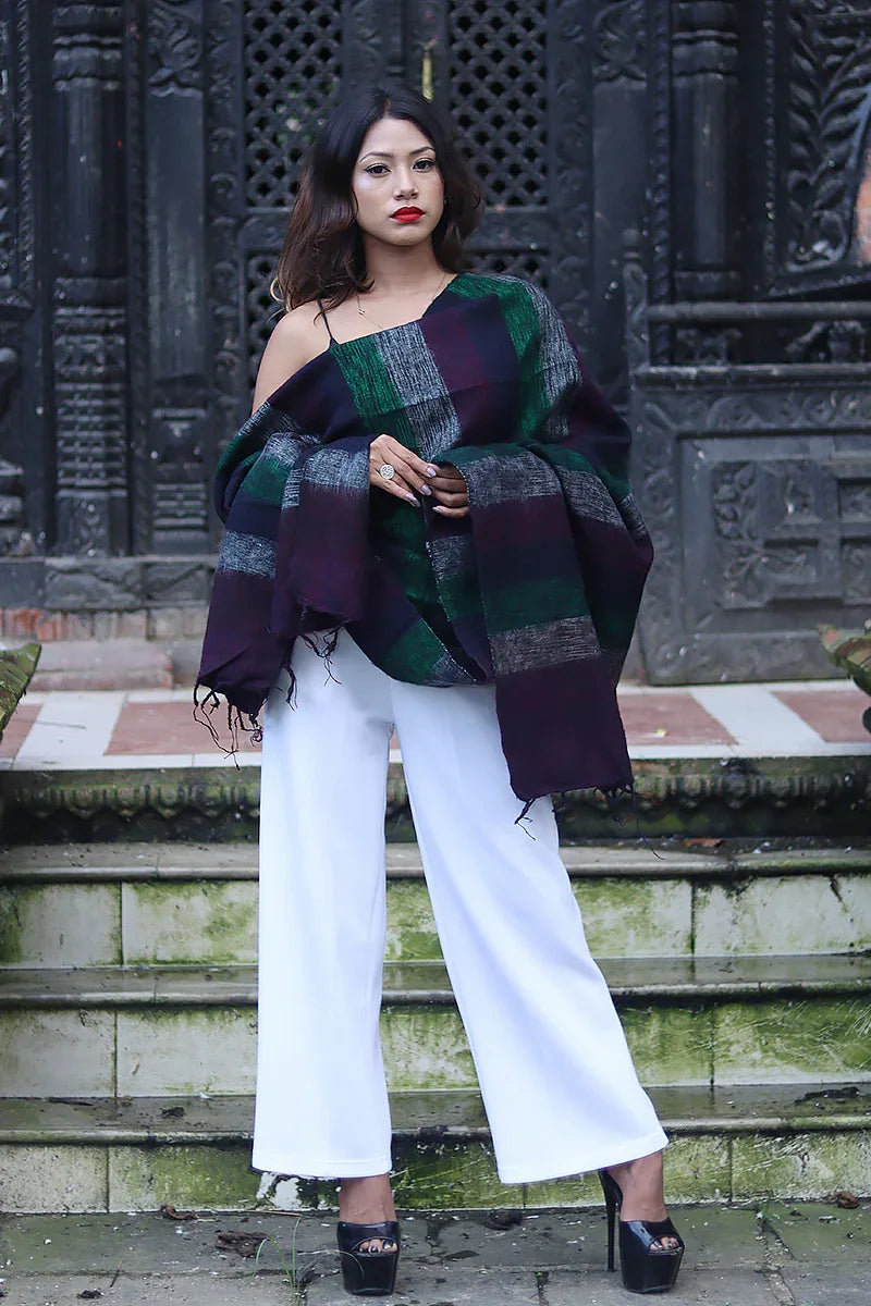 Handwoven Yak wool Shawl in Dark Brown, Green - Vajracrafts