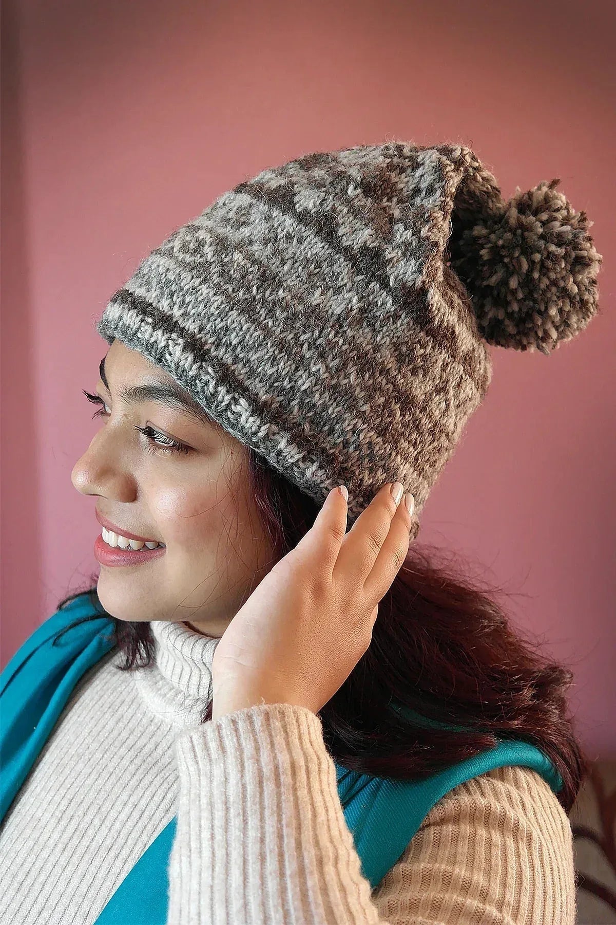 Womens Knit Winter Warm Pom Pom Beanie Hat Natural Color - Vajracrafts