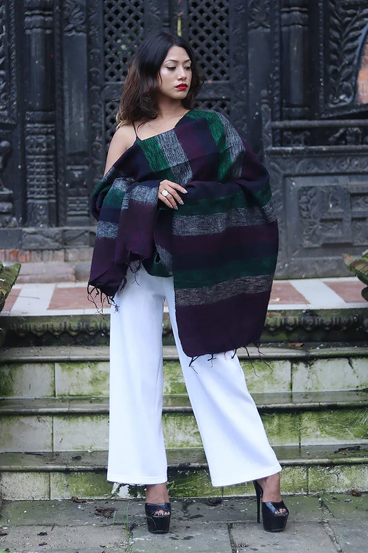 Handwoven Yak wool Shawl in Dark Brown, Green - Vajracrafts