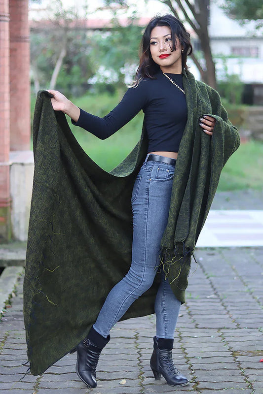 Handmade Himalayan Yak Wool Shawl Deep Forest Green - Vajracrafts