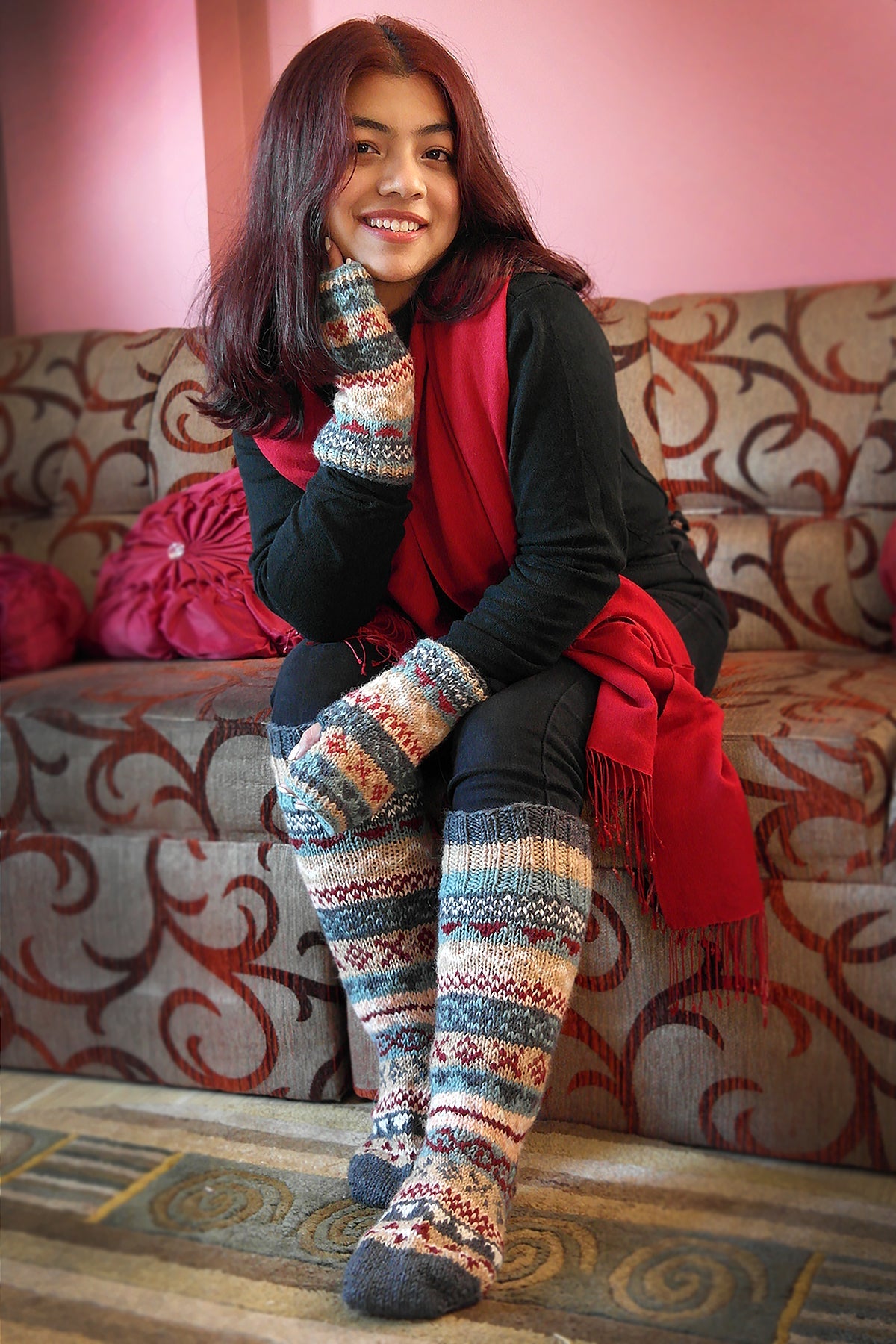 Cream, grey and maroon mixed color woolen hand warmers | Vajracrafts