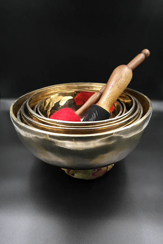 Set of seven Chakra singing bowls with ring cushion, mallet and drumstick 7"-11" - Vajracrafts