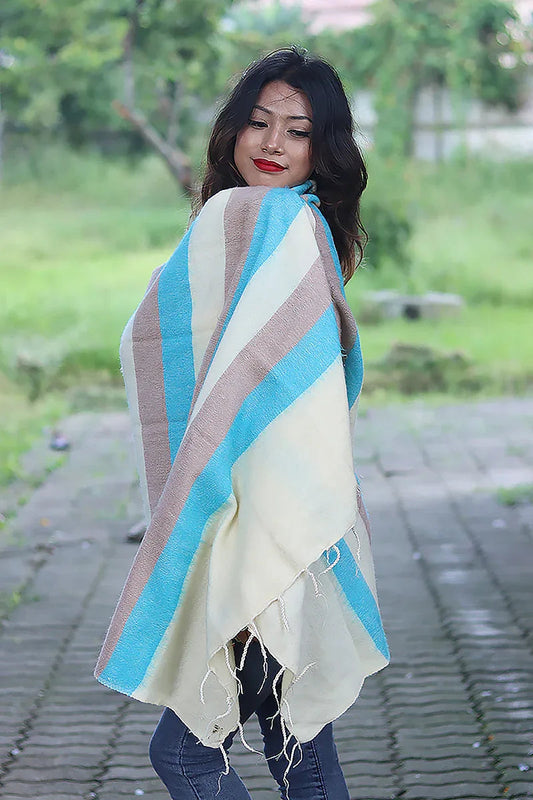 Yellow light blue Yak Wool Shaw Scarf | Vajracrafts
