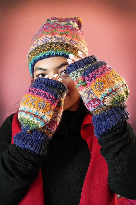 Blue green mixed colored woolen gloves/mittens - Vajracrafts