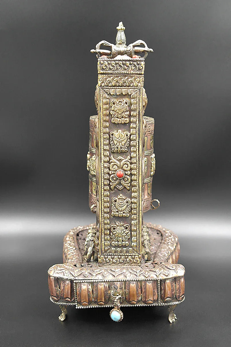 Tibetan Prayer Wheel with Eight Auspicious symbols in Stupa Frame - Vajracrafts