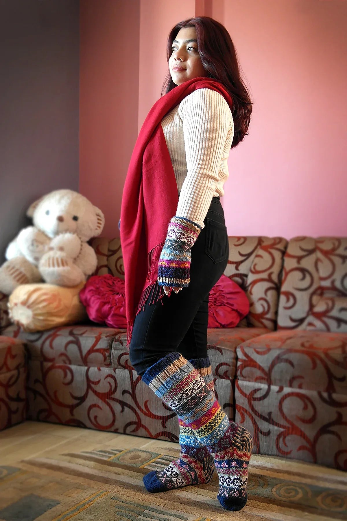 Blue Pink mixed color Woolen Knee High Socks - Vajracrafts