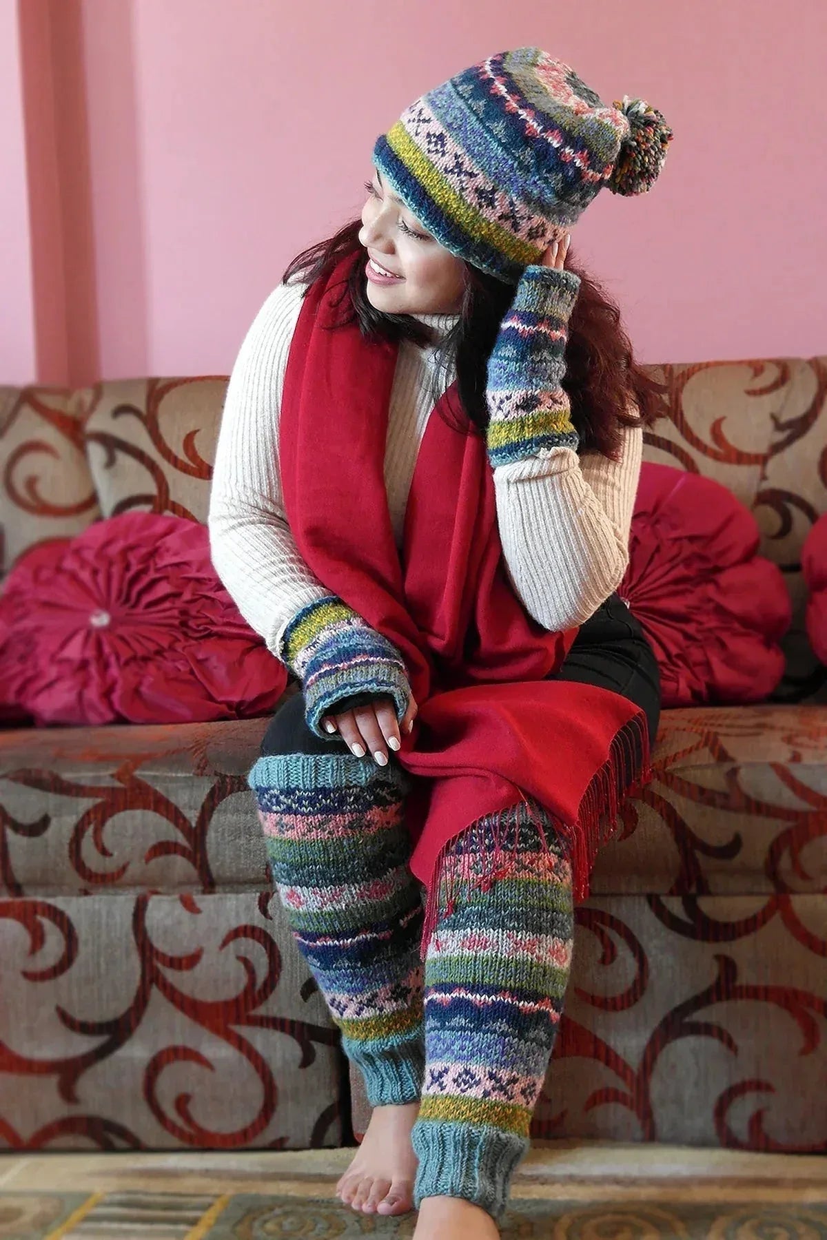 Blue, Pink and mixed colors hand knitted woolen leg warmers - Vajracrafts