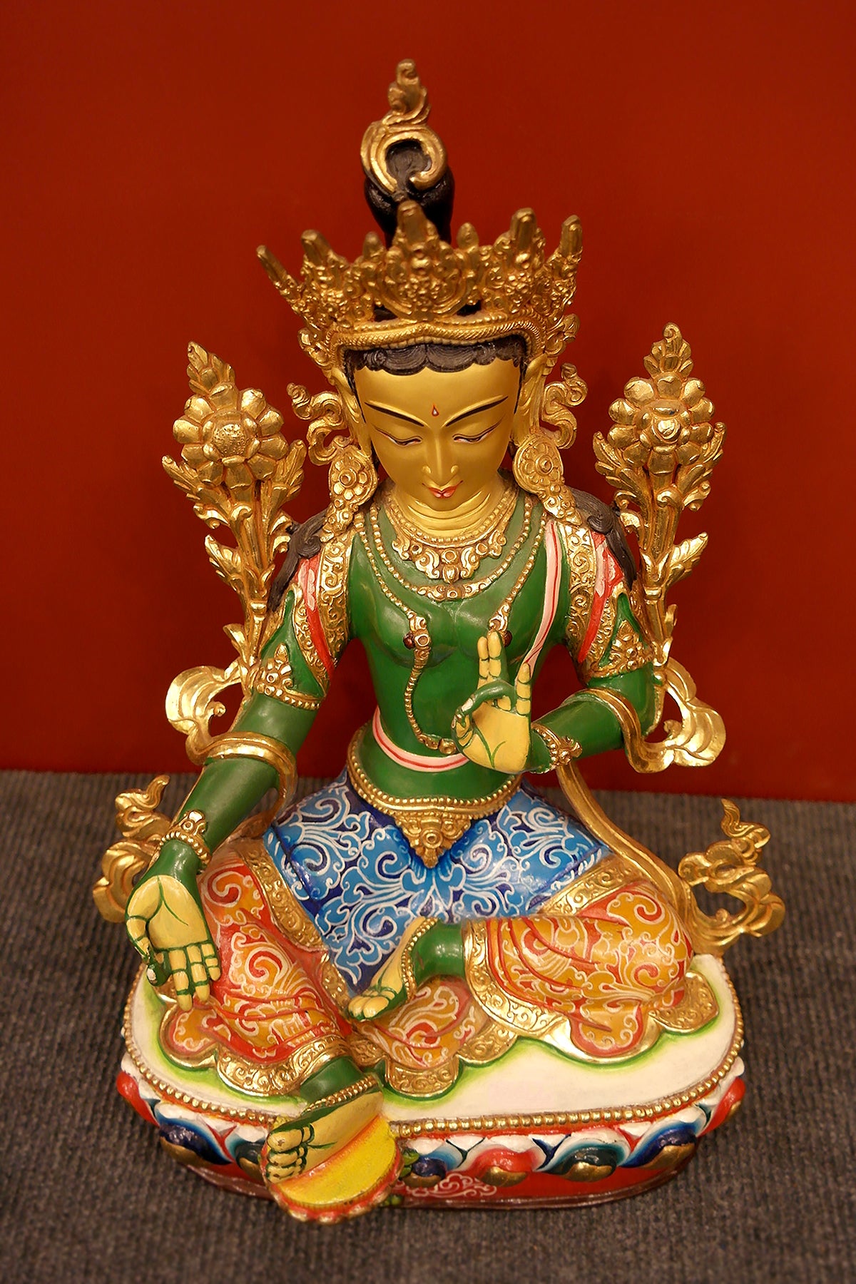 Hand Painted Green Tara Statue from Boudha, 13" | Vajracrafts