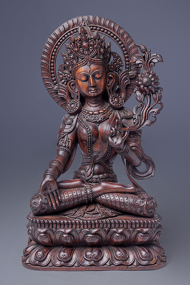 Tibetan White Tara Statue, Masterpiece Buddhist Wooden statue from Nep | Vajracrafts