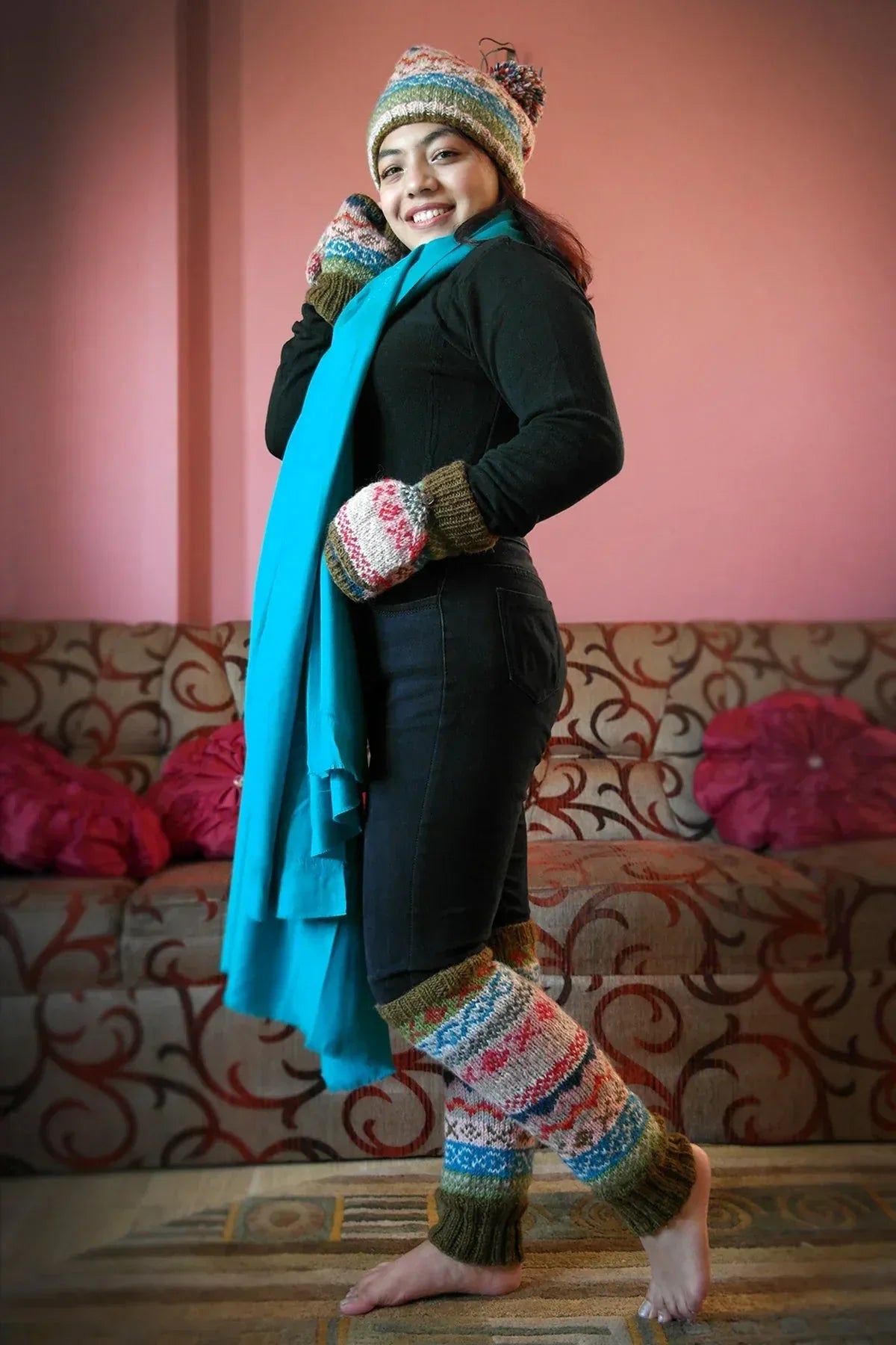 Olive Green, pink and mixed colors woolen leg warmer - Vajracrafts