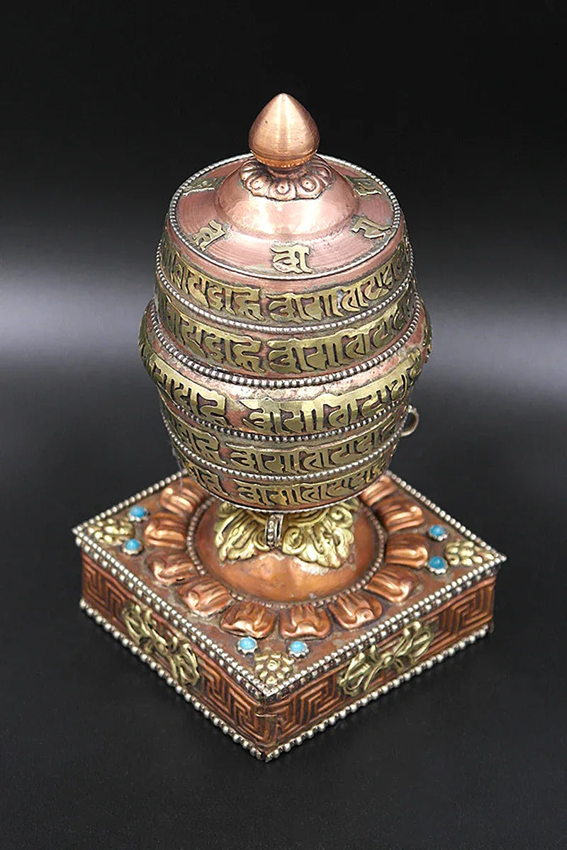 Ovel Shaped Copper Prayer Wheel in Square base, 6.5" - Vajracrafts
