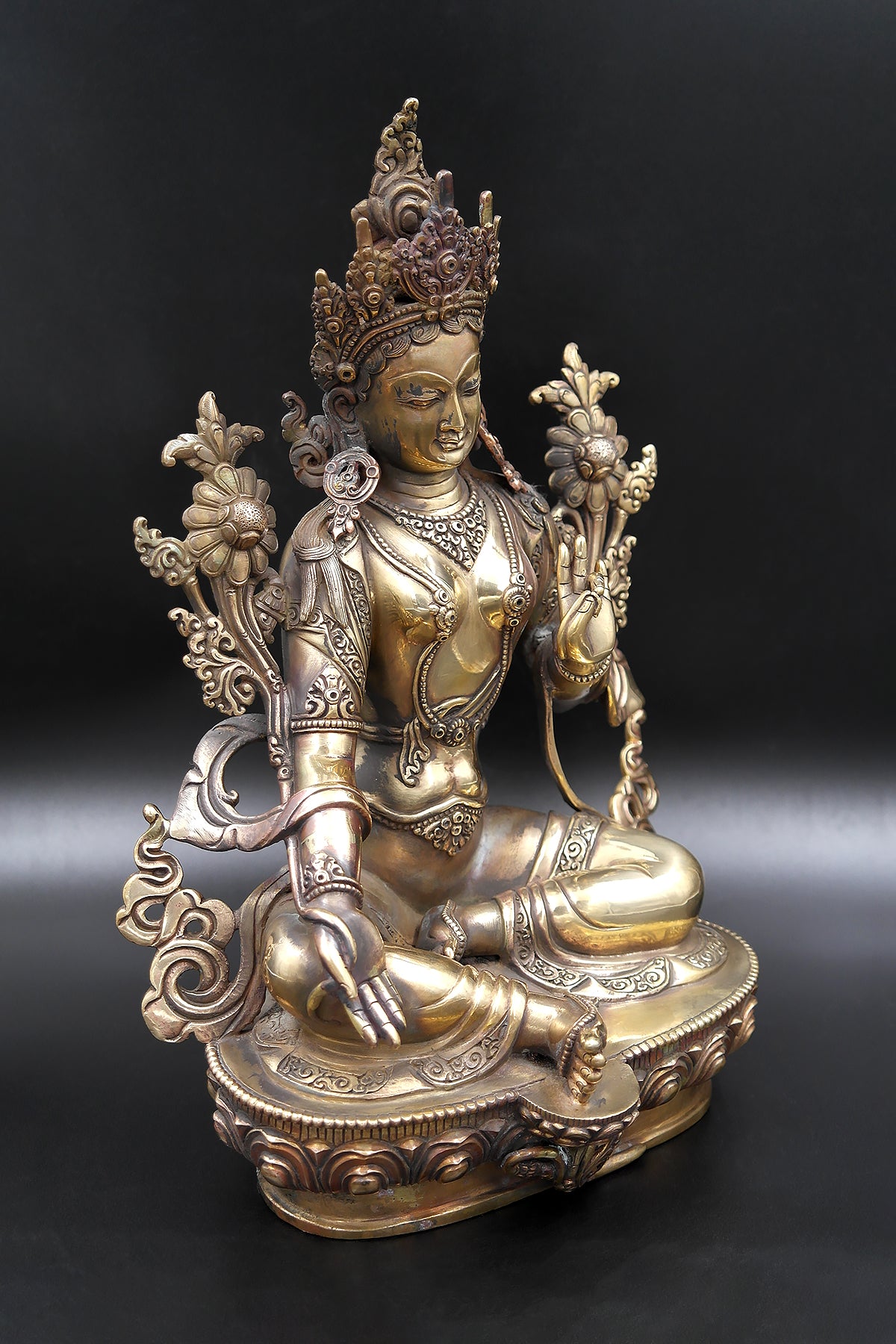 Gold toned Tibetan Green Tara statue from Nepal 12"