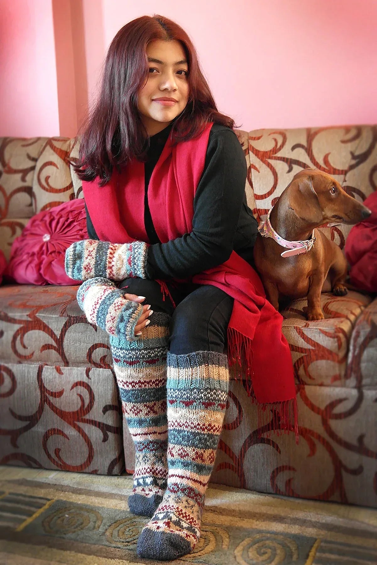 Cream, grey and maroon mixed color Woolen Knee High Socks - Vajracrafts