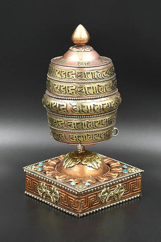 Ovel Shaped Copper Prayer Wheel in Square base, 6.5" - Vajracrafts